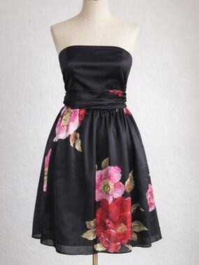 90s Y2K Wet Seal Strapless Dress | Black Satin Red Pink Floral Coquette | SMALL